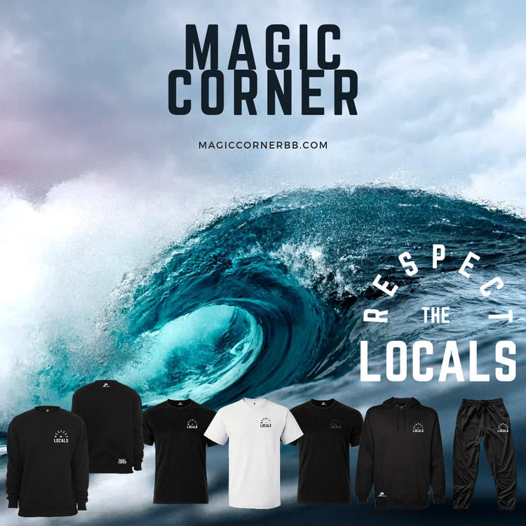 Coleção Respect the locals da Magic Corner BB, com roupa preta e branca e uma onda ao fundo.