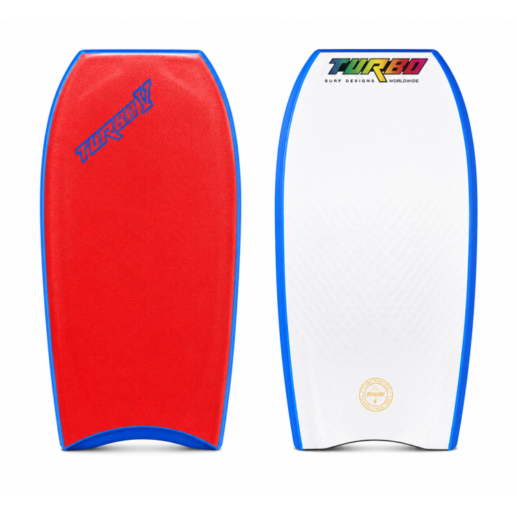 Prancha de bodyboard TURBO V Vermelho/Branco, vista do deck e do fundo.