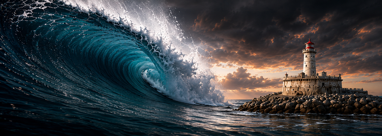 Wave breaking by a lighthouse at sunset
